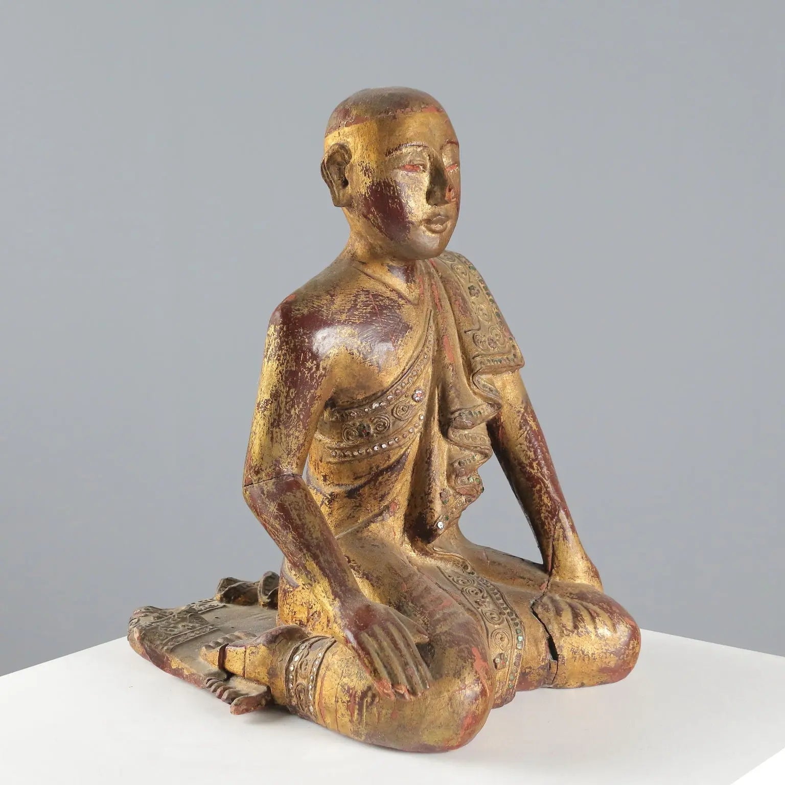 Antique Sculpture of a Monk Lacquered Gilded Wood Myanmar XX Century