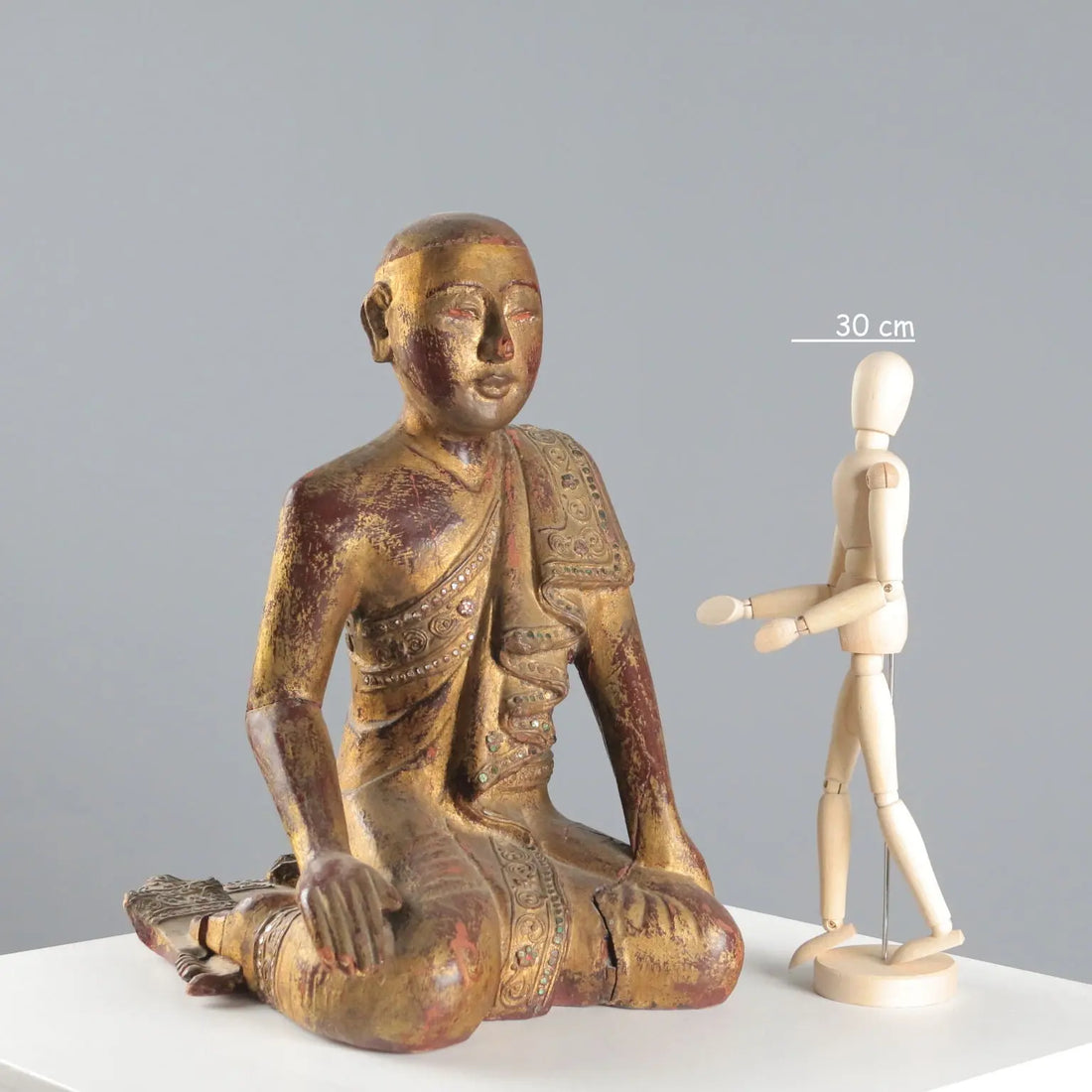 Antique Sculpture of a Monk Lacquered Gilded Wood Myanmar XX Century