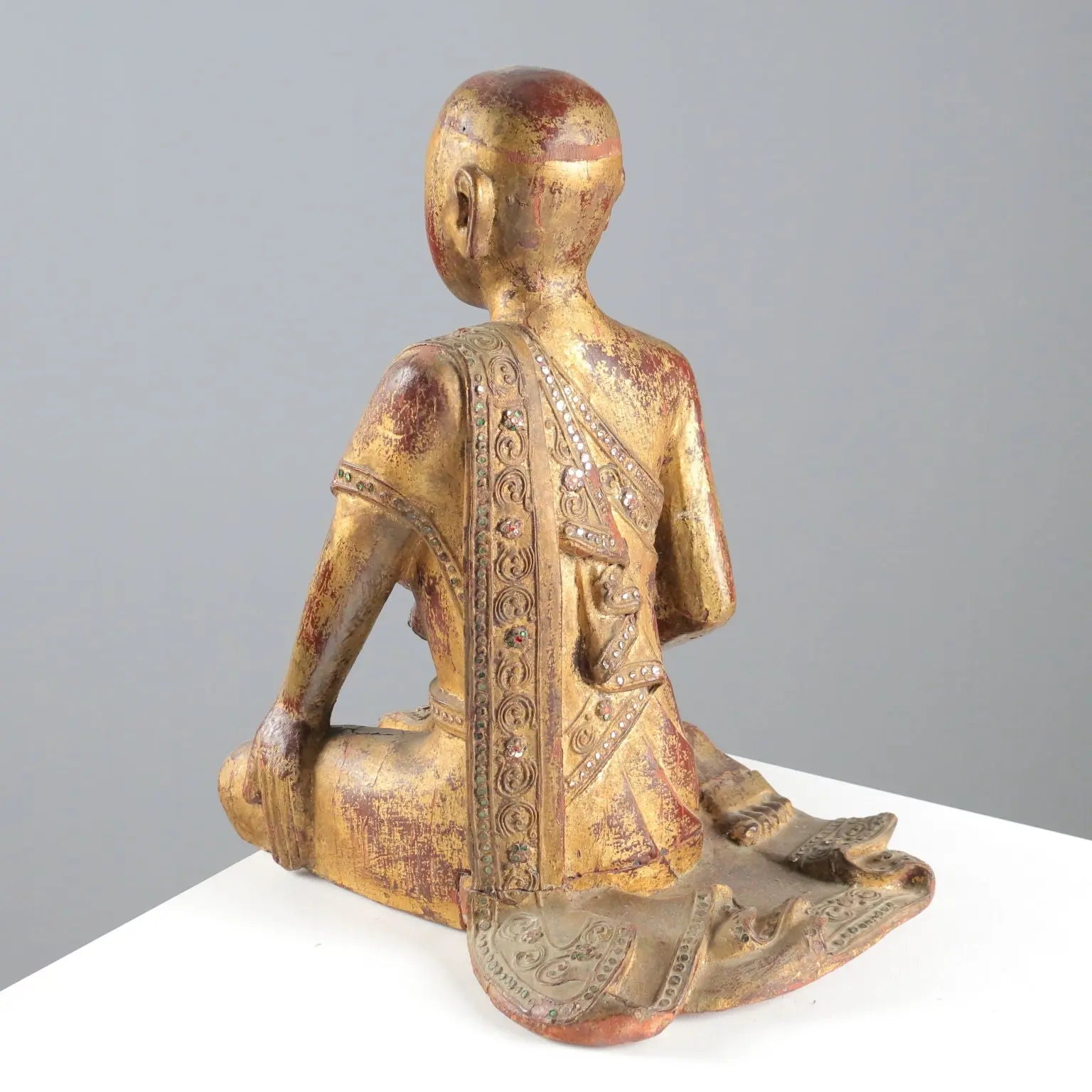 Antique Sculpture of a Monk Lacquered Gilded Wood Myanmar XX Century