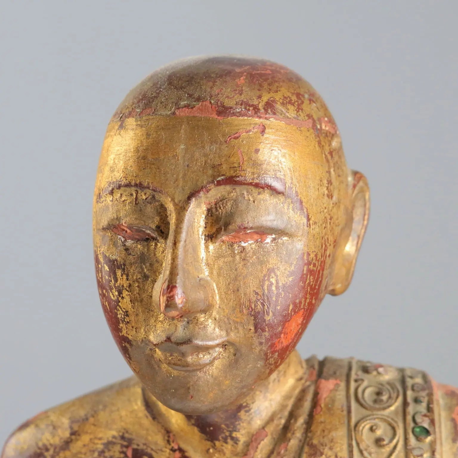 Antique Sculpture of a Monk Lacquered Gilded Wood Myanmar XX Century