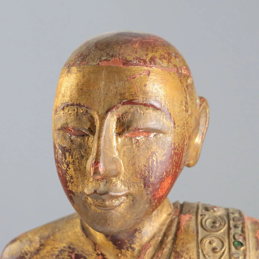 Antique Sculpture of a Monk Lacquered Gilded Wood Myanmar XX Century