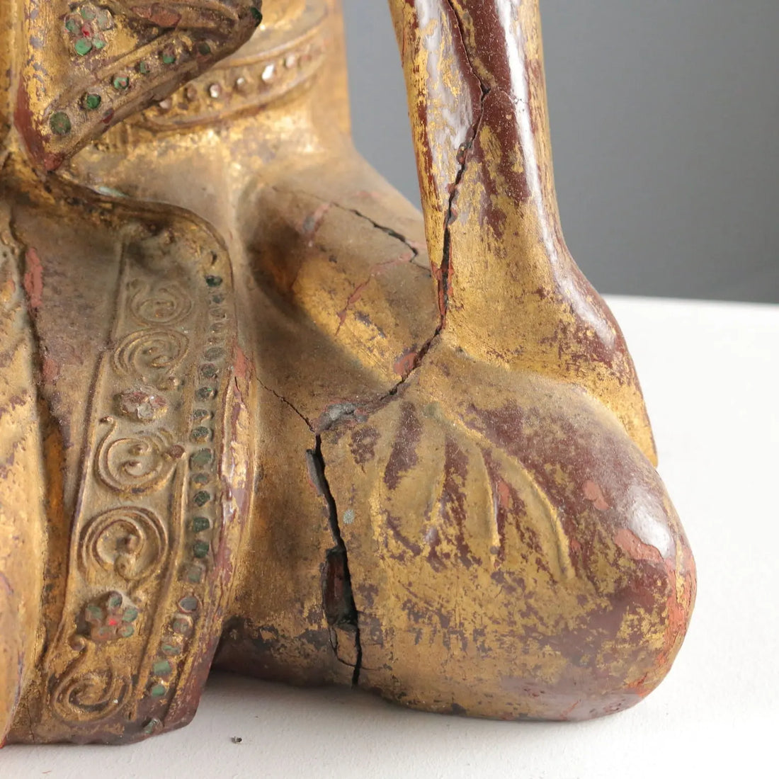 Antique Sculpture of a Monk Lacquered Gilded Wood Myanmar XX Century