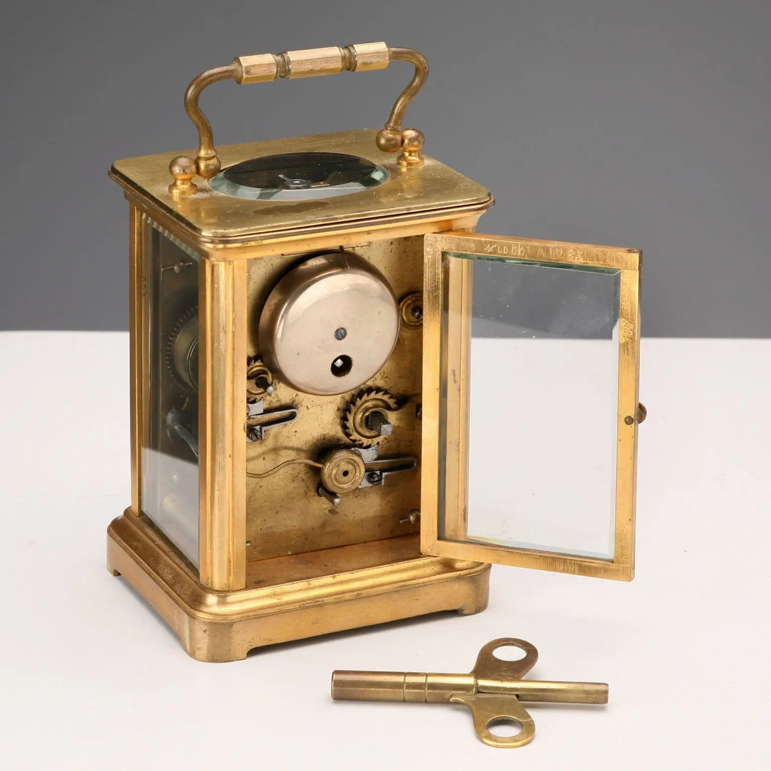 Antique Travel Clock Gilded Bronze Glass Europe XIX Century