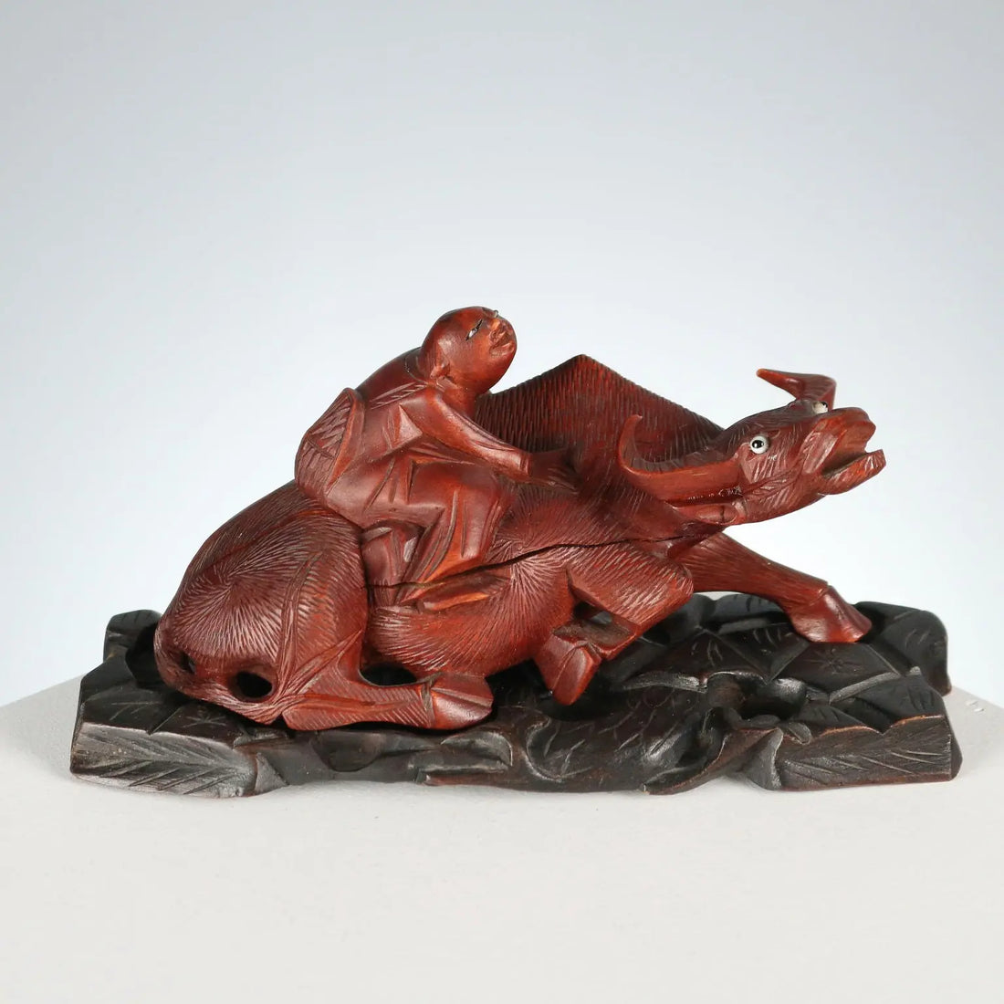 Antique Sculpture Child and Water Buffalo Wood China XX Century