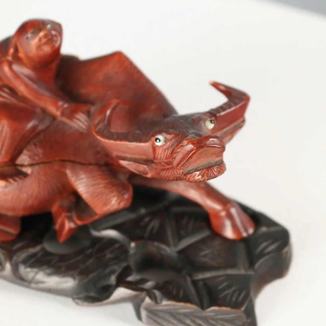 Antique Sculpture Child and Water Buffalo Wood China XX Century