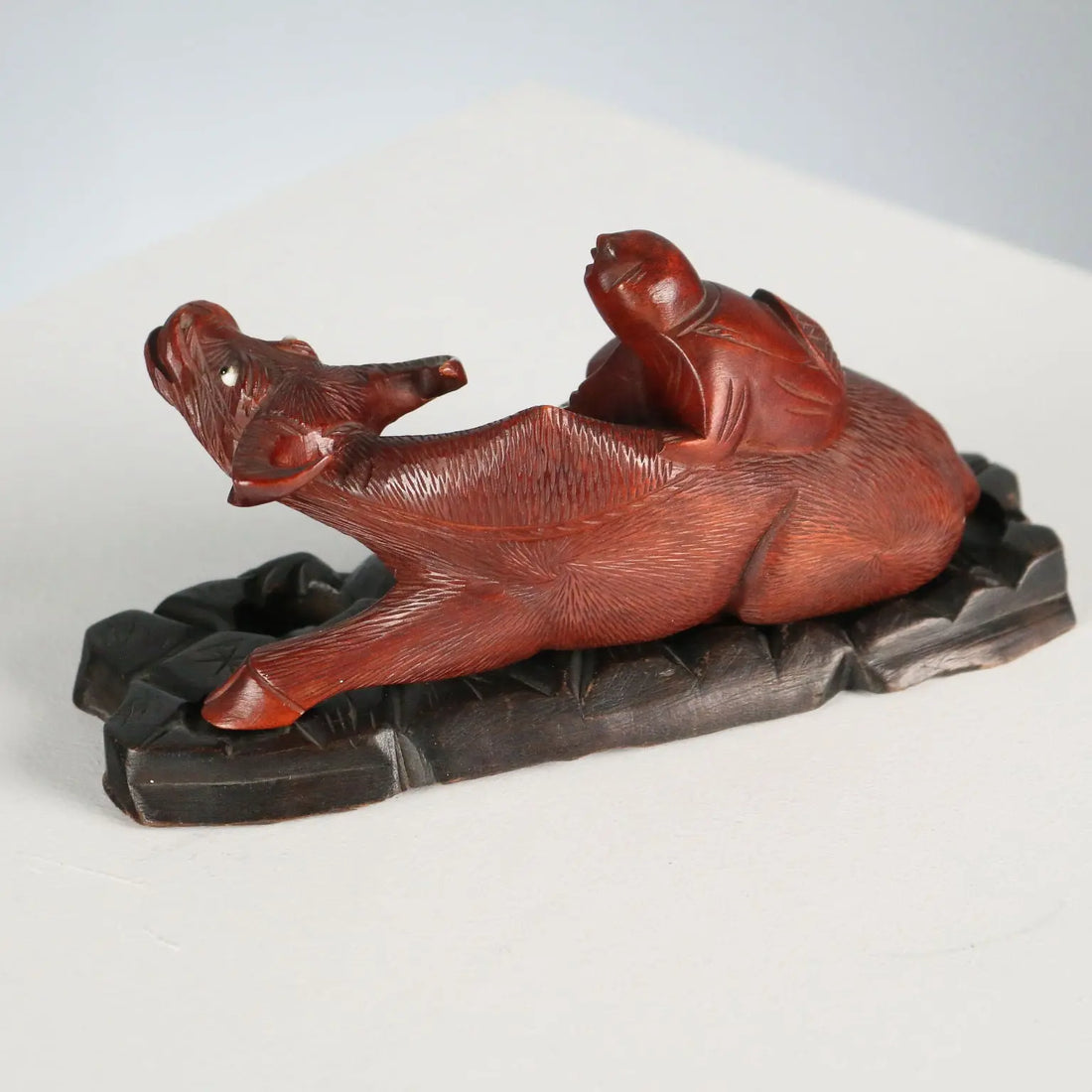 Antique Sculpture Child and Water Buffalo Wood China XX Century