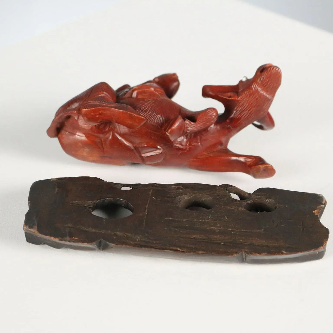 Antique Sculpture Child and Water Buffalo Wood China XX Century