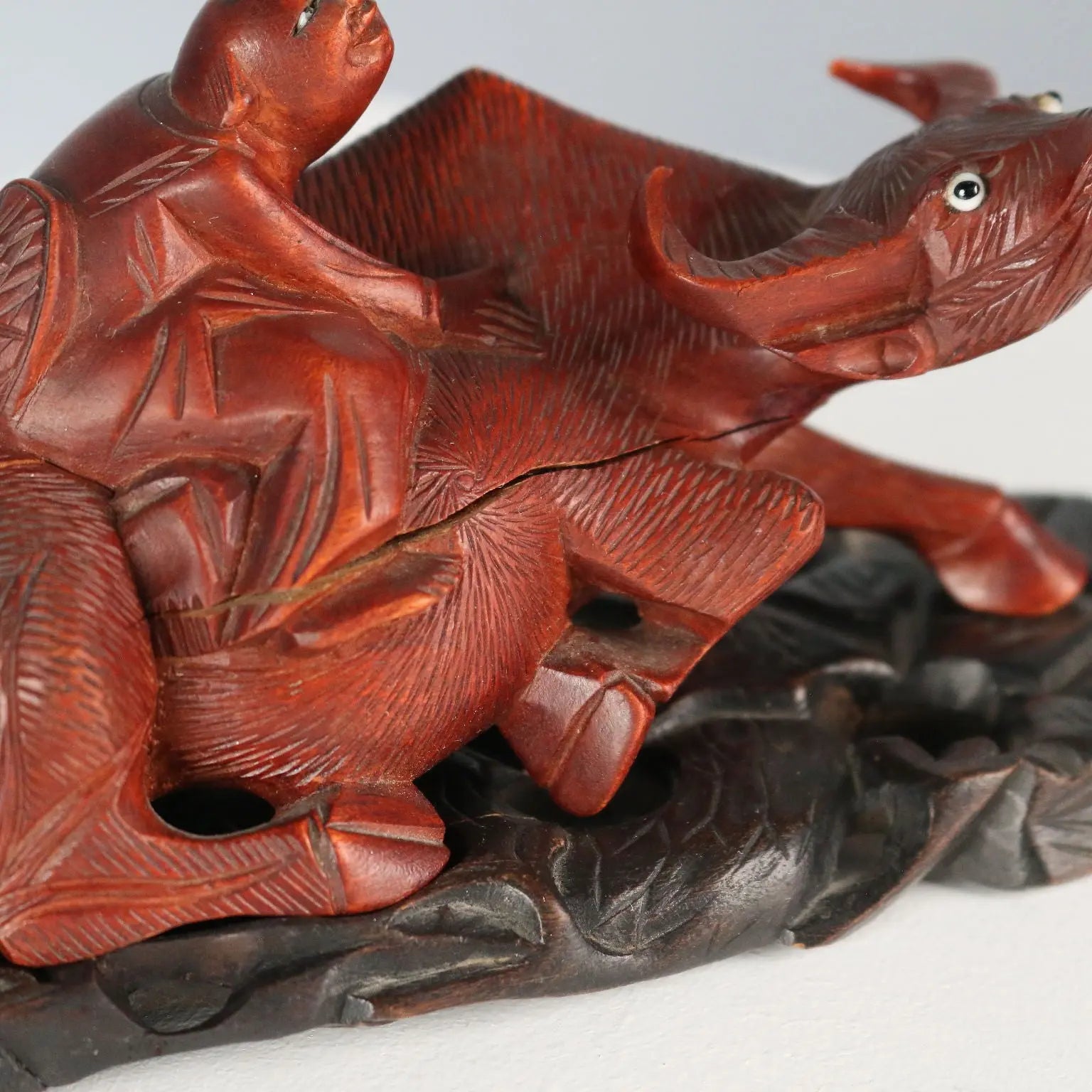 Antique Sculpture Child and Water Buffalo Wood China XX Century