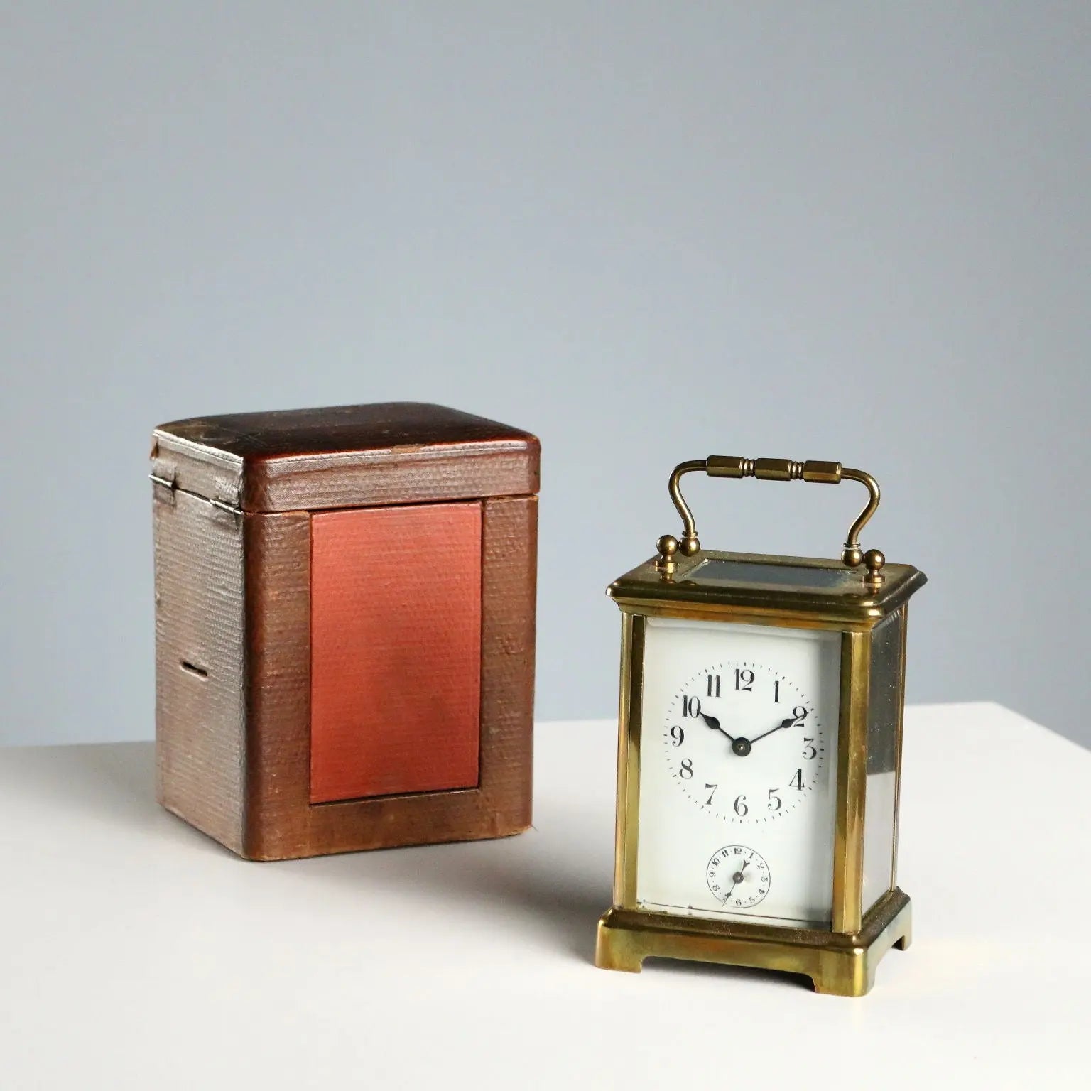 Antique Travel Clock Bronze Glass with Case Italy XIX Century