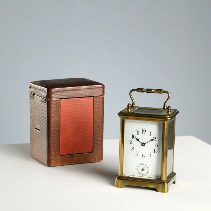 Antique Travel Clock Bronze Glass with Case Italy XIX Century