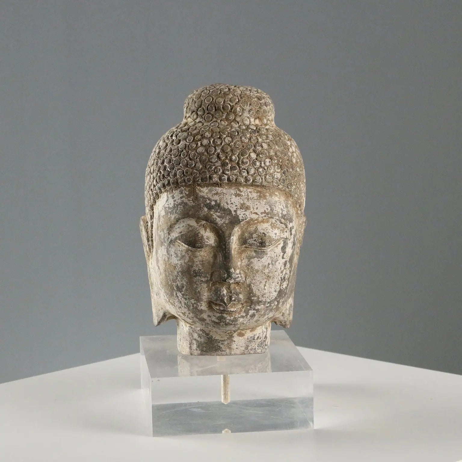 Stone Buddha Head Modern Sculpture Plexiglass Base XX Century