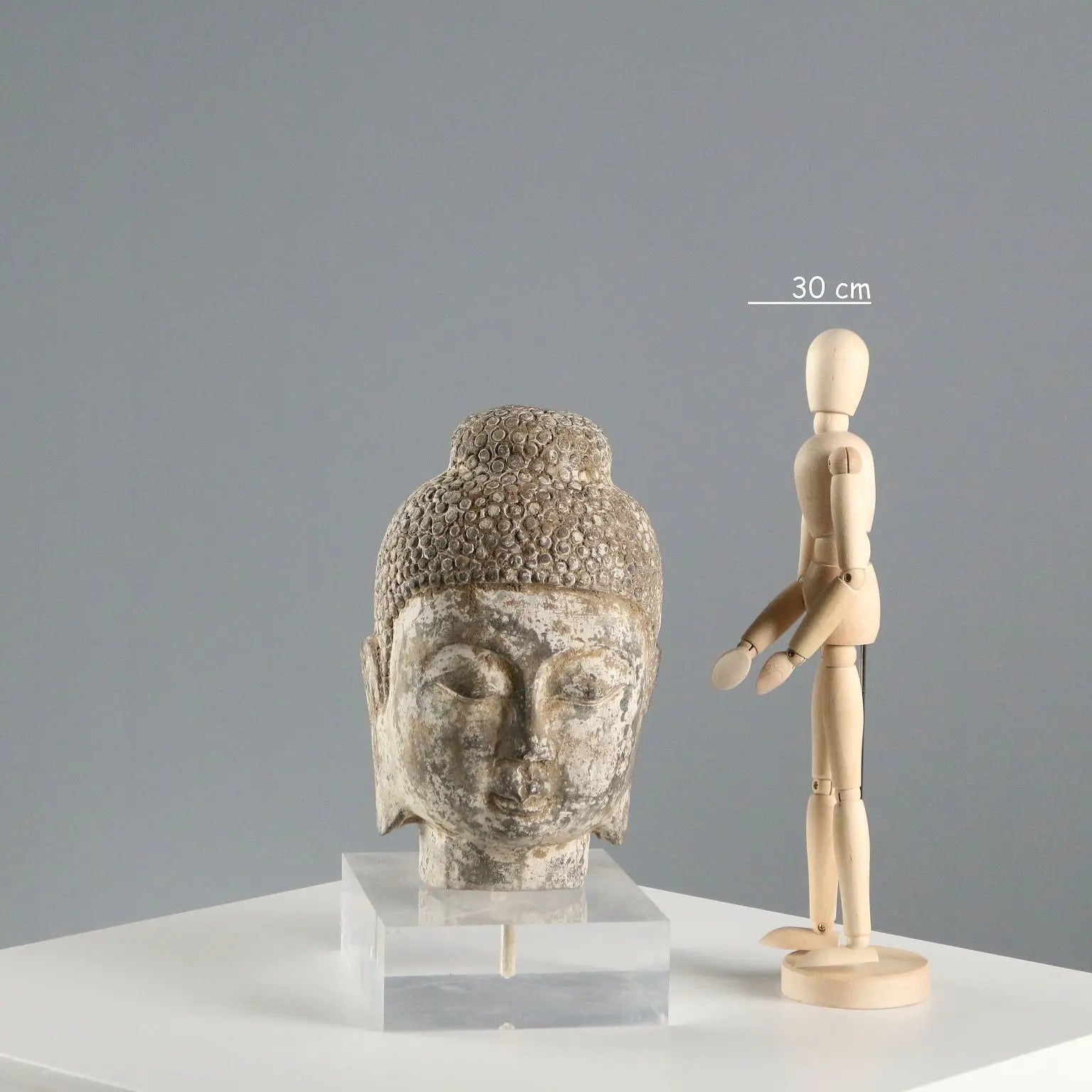 Stone Buddha Head Modern Sculpture Plexiglass Base XX Century