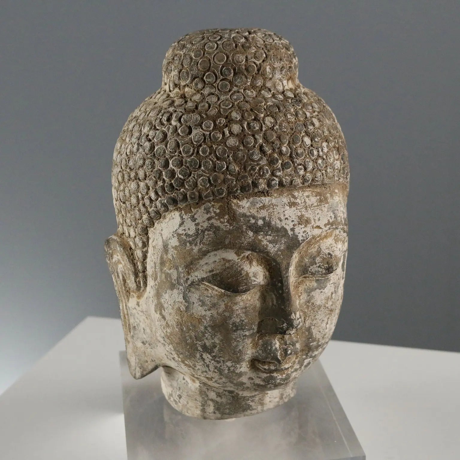 Stone Buddha Head Modern Sculpture Plexiglass Base XX Century