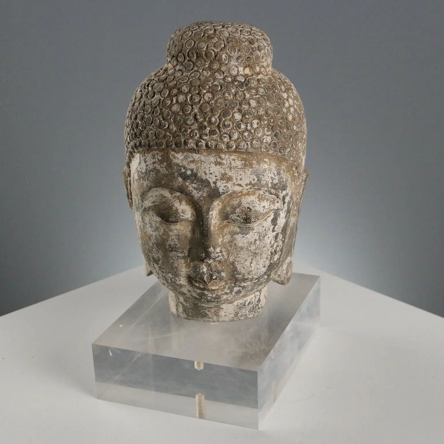 Stone Buddha Head Modern Sculpture Plexiglass Base XX Century