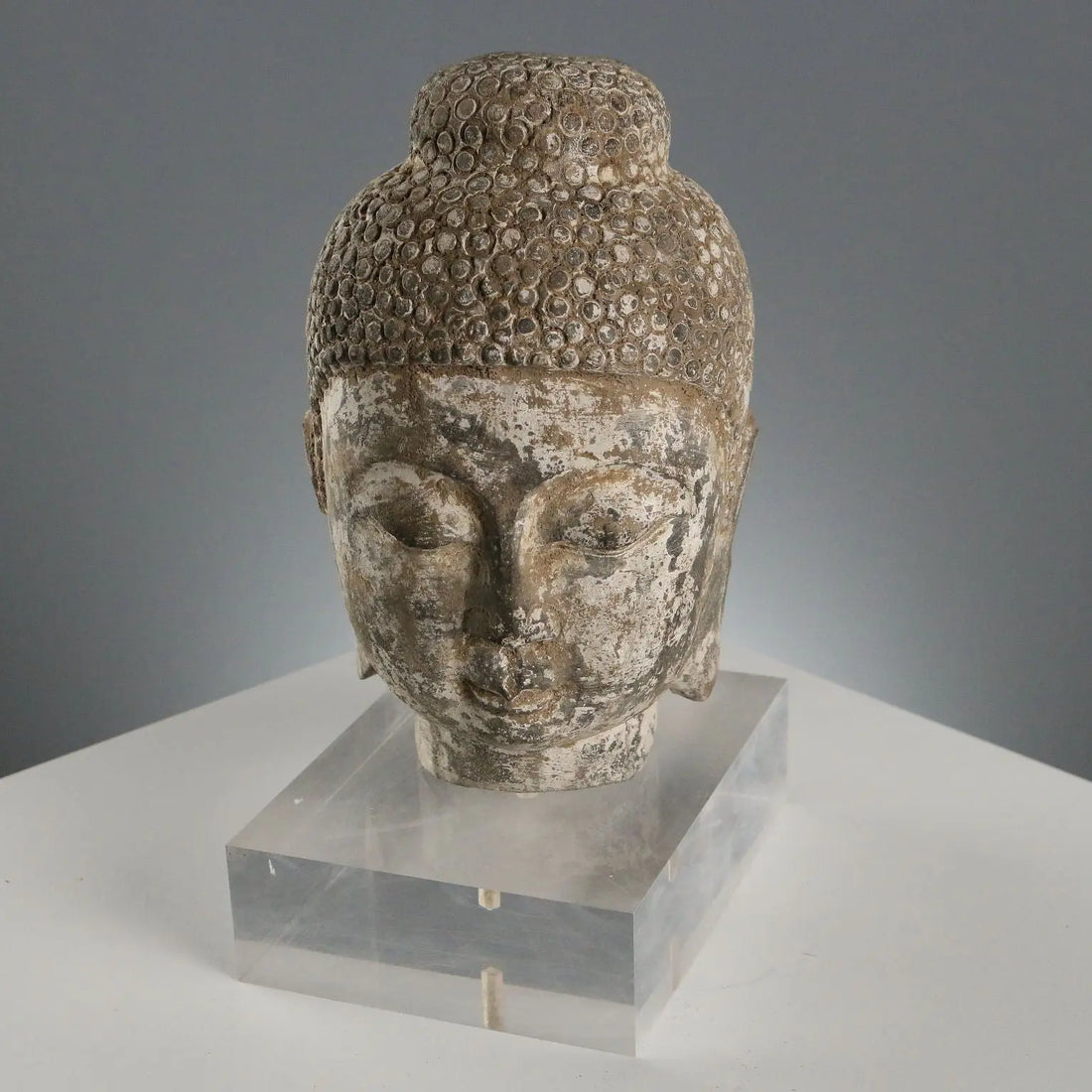 Stone Buddha Head Modern Sculpture Plexiglass Base XX Century