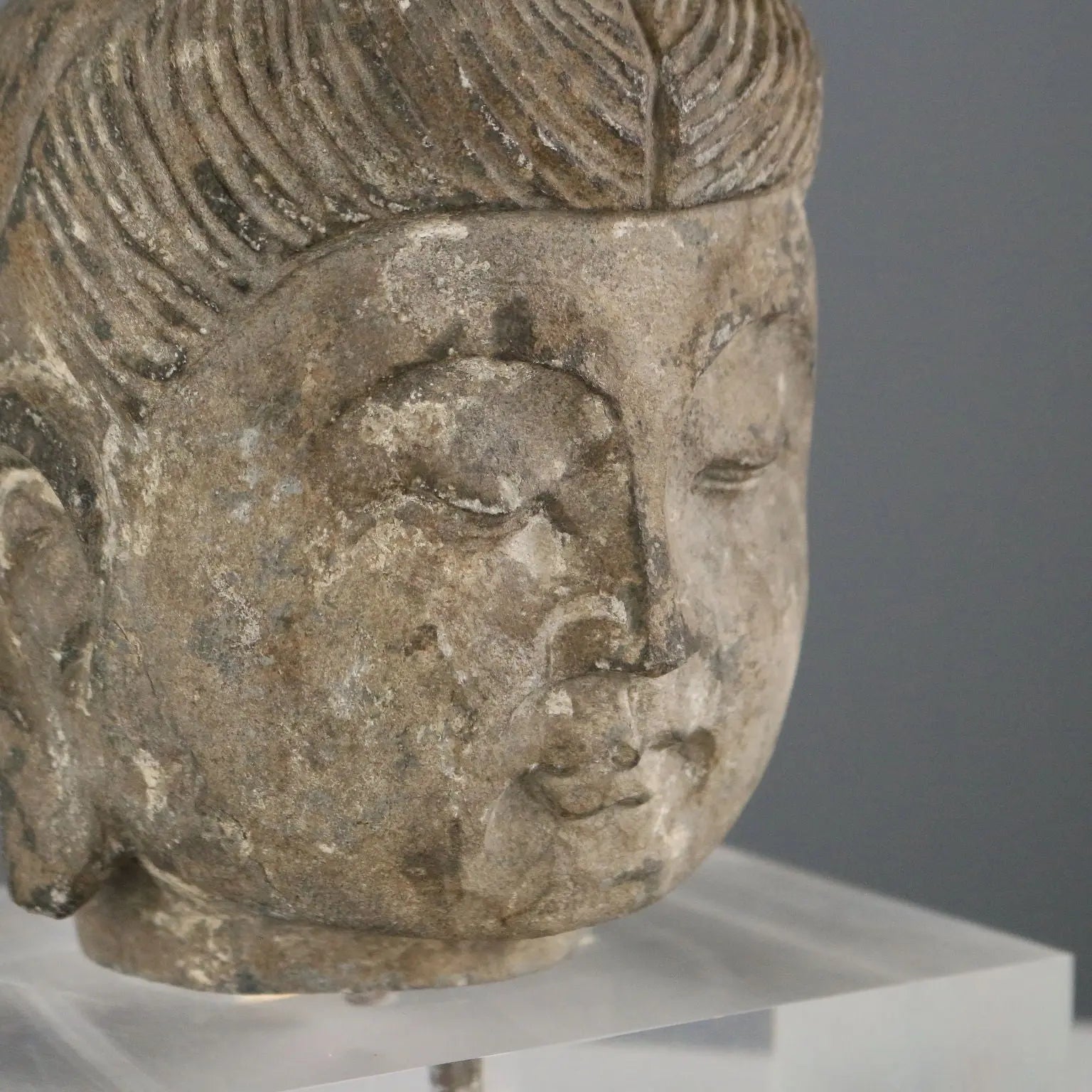 Modern Sculpture Stone Buddha Plexiglass Base Thailand 1990s
