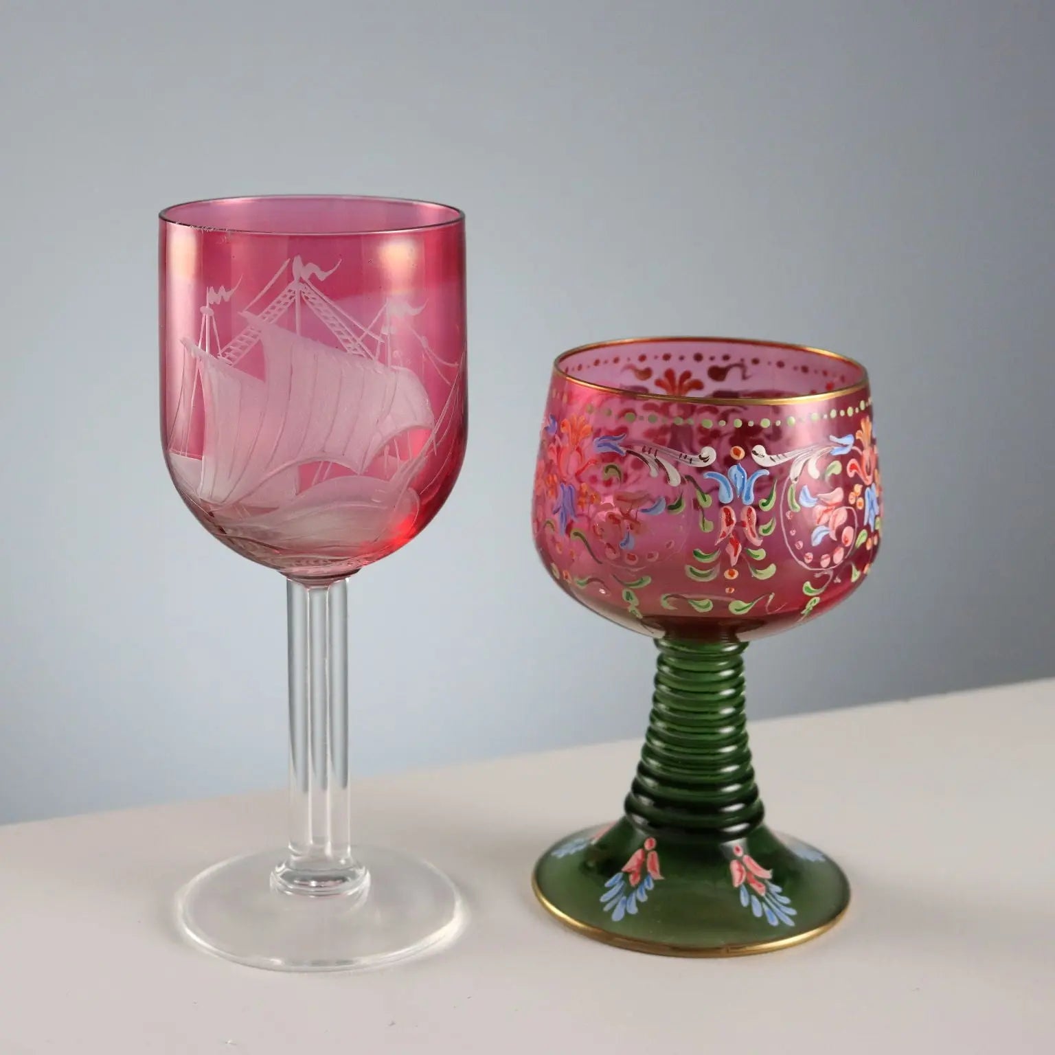 Vintage Glasses Coloured and Engraved Glass XX Century