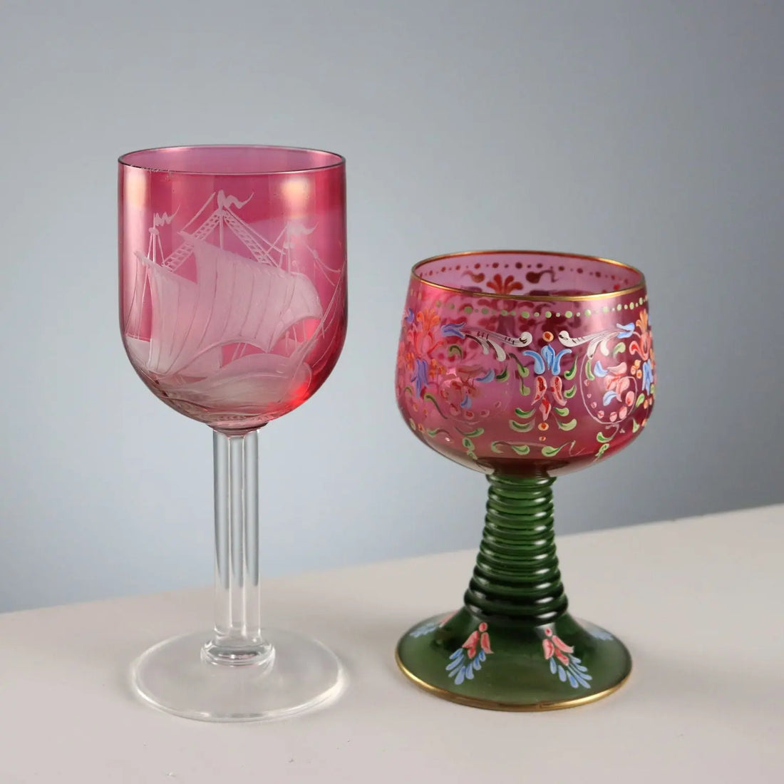 Vintage Glasses Coloured and Engraved Glass XX Century