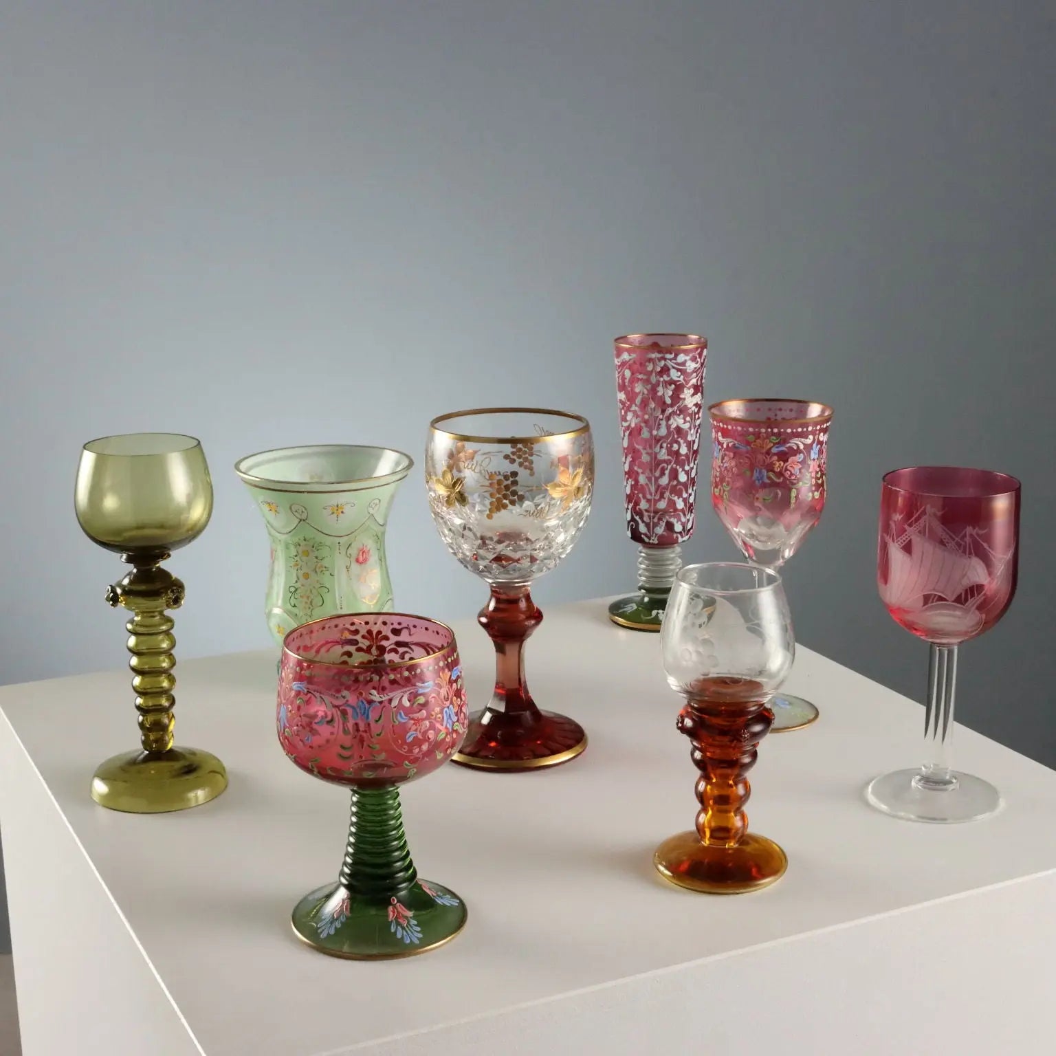 Vintage Glasses Coloured and Engraved Glass XX Century