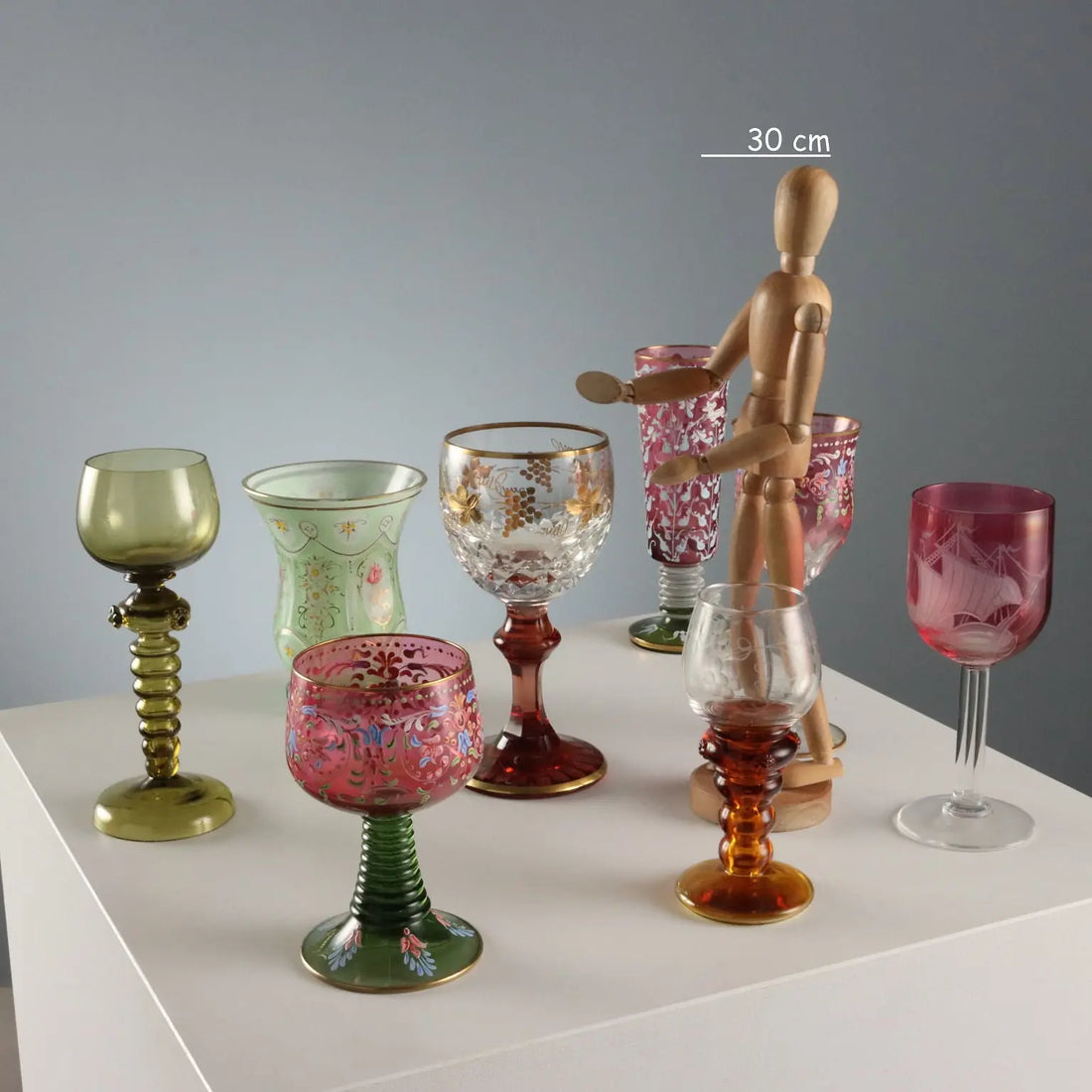 Vintage Glasses Coloured and Engraved Glass XX Century
