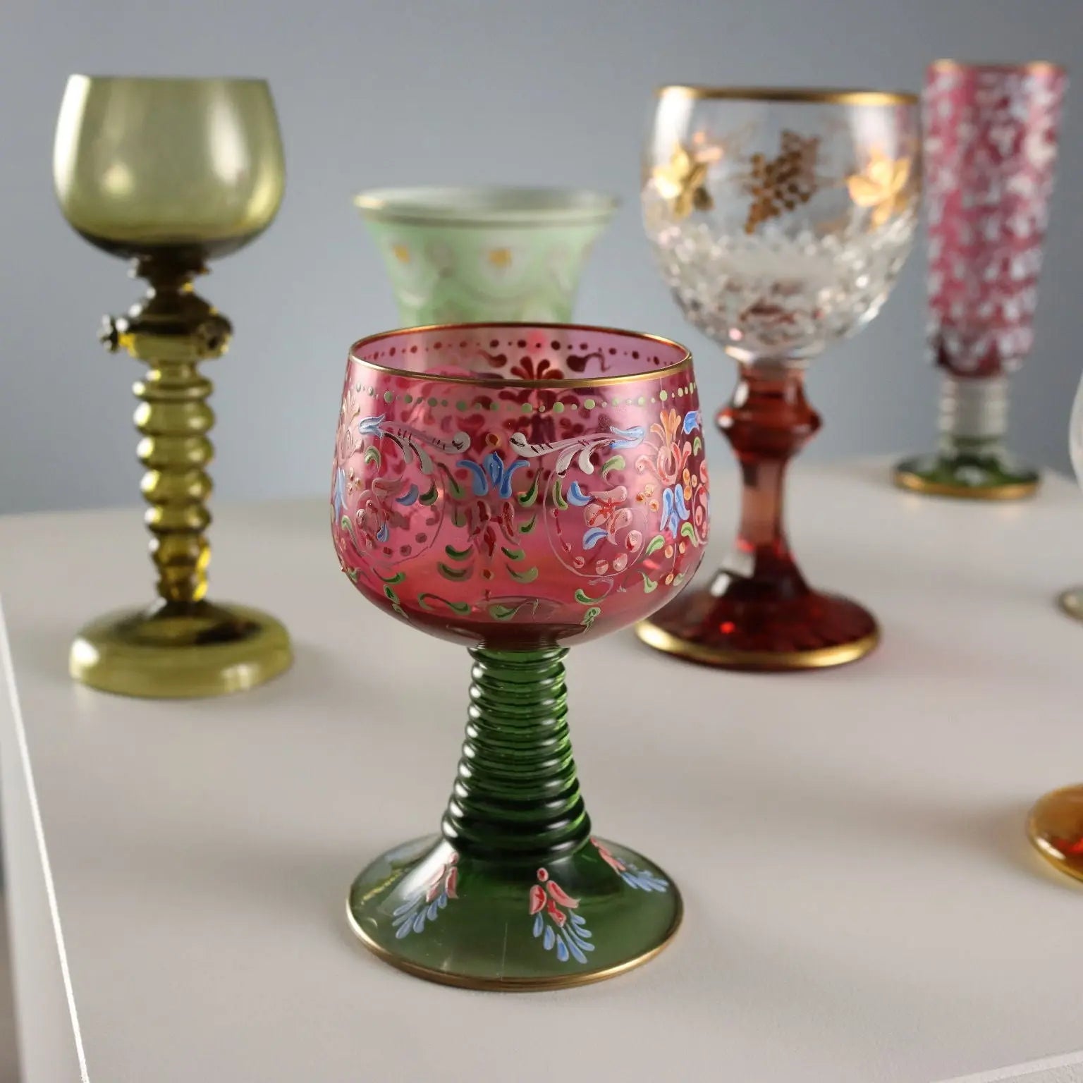 Vintage Glasses Coloured and Engraved Glass XX Century