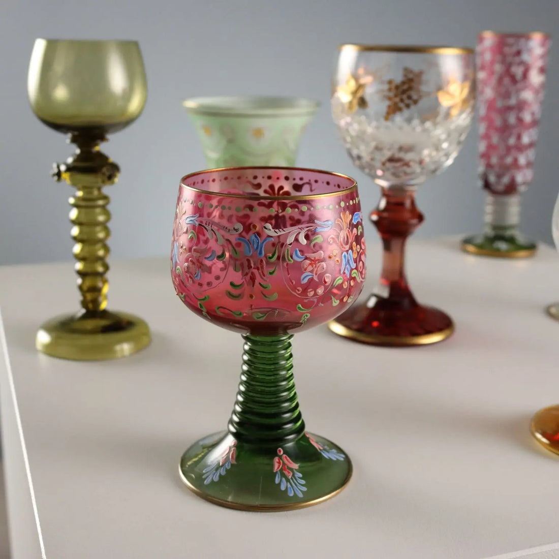Vintage Glasses Coloured and Engraved Glass XX Century