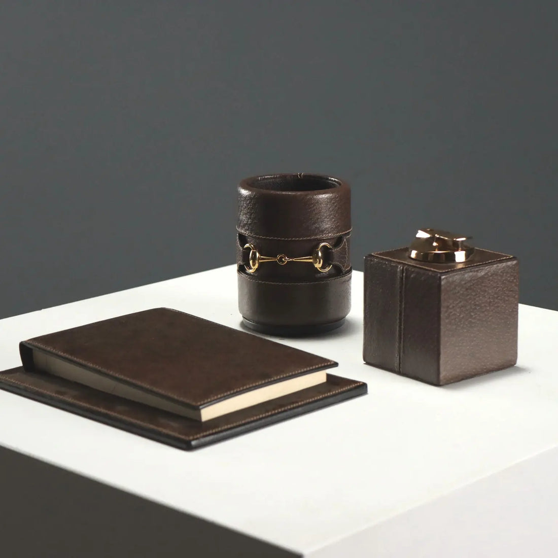 Gucci Desk Set Leather Brass Design 1970s-1980s