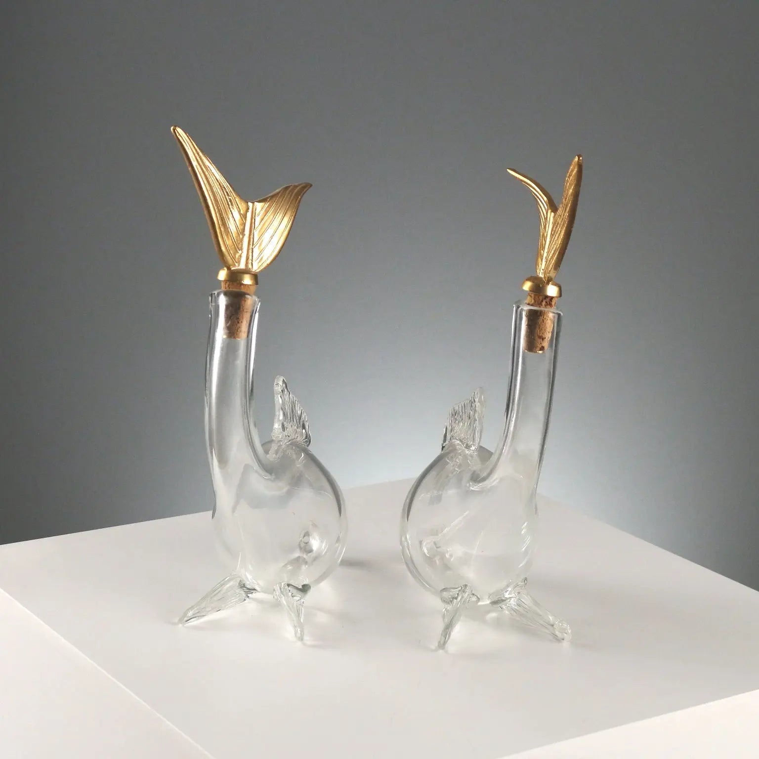 Vintage Decanters Murano Glass Gilded Metal Italy 1980s