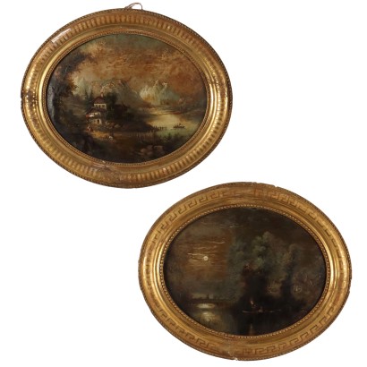 Pair of Under Glass Paintings Landscape \'800 Gilded Frames