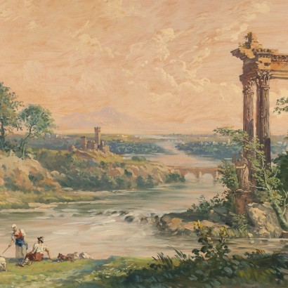 Painting by A. Oberto Landscape with Shepherds Oil on Wood