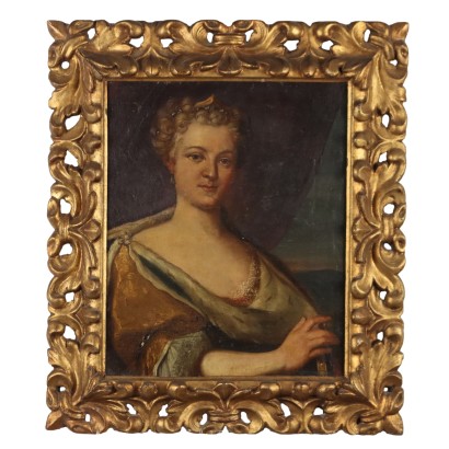 Antikes Gemälde mit Frauenporträt Öl auf Leinwand des XVIII Jhs