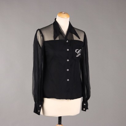 Vintage 1990s Shirt Black Silk Voile UK Size 10 Italy